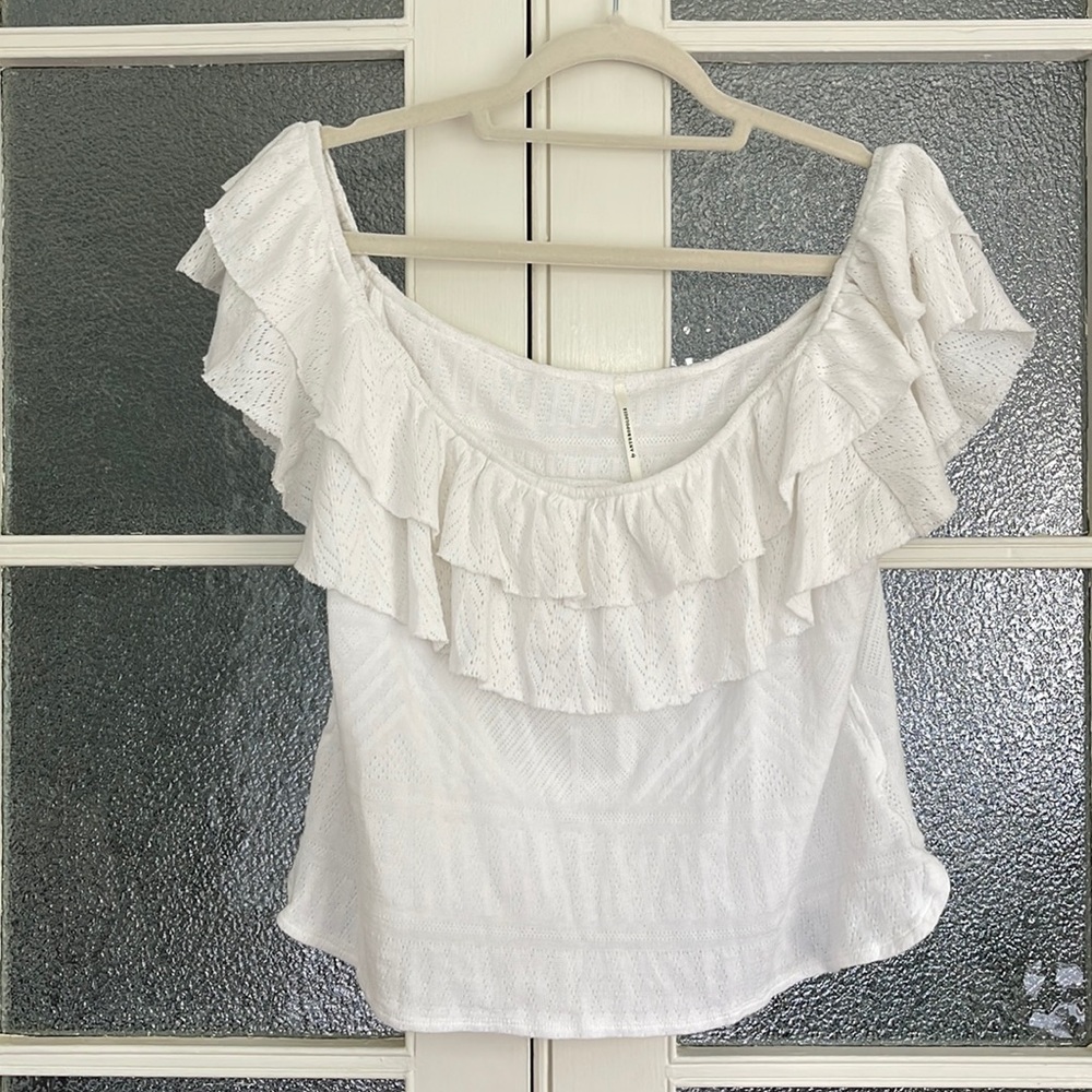 Anthropologie White Off-Shoulder Ruffle Eyelet Top
